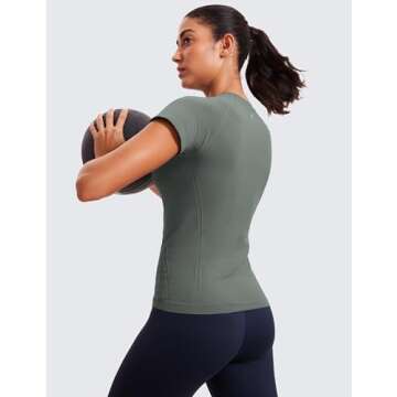 CRZ YOGA Seamless Workout Tops for Women Short Sleeve Athletic Tees Breathable Gym Running Yoga Shirts Grey Sage Medium