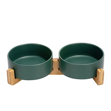 SPUNKYJUNKY Ceramic Dog and Cat Bowl with Wood Stand Non-Slip Matte Glaze Weighted Food Water Set fo...