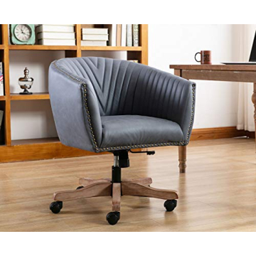 Guyou Retro Barrel Leather Office Chair with Wood Base