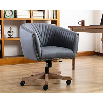 Guyou Retro Barrel Leather Office Chair with Wood Base