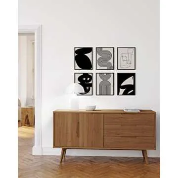 HAUS AND HUES Black Abstract Painting Aesthetic - Set of 6, Modern Abstract, Black and Gray, One Line Abstract Art, Geometric Print, Minimalist wall art (8" x 10", UNFRAMED)