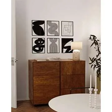 HAUS AND HUES Black Abstract Painting Aesthetic - Set of 6, Modern Abstract, Black and Gray, One Line Abstract Art, Geometric Print, Minimalist wall art (8" x 10", UNFRAMED)