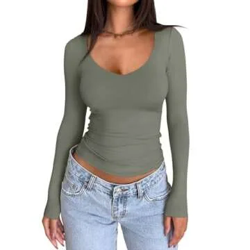 PINKMSTYLE V Neck Long Sleeve Shirts for Women - Slim Fit Tops