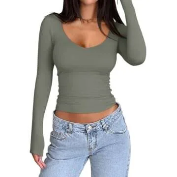 PINKMSTYLE V Neck Long Sleeve Shirts for Women - Slim Fit Tops
