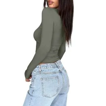 PINKMSTYLE V Neck Long Sleeve Shirts for Women - Slim Fit Tops