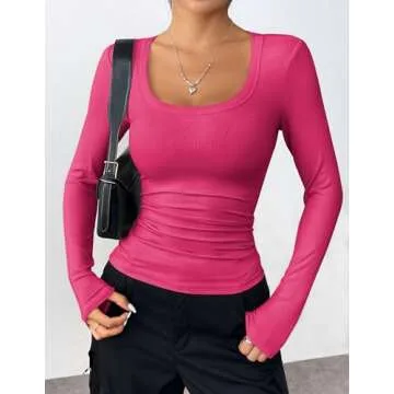 Zeagoo Dress Shirt for Women Basic Skims Long Sleeve Top Stretchy Slim Fit Rib Knit Scoop Neck Tshir...