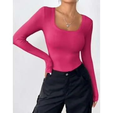 Zeagoo Dress Shirt for Women Basic Skims Long Sleeve Top Stretchy Slim Fit Rib Knit Scoop Neck Tshirt Tee Blouse Hot Pink