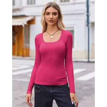 Zeagoo Dress Shirt for Women Basic Skims Long Sleeve Top Stretchy Slim Fit Rib Knit Scoop Neck Tshirt Tee Blouse Hot Pink