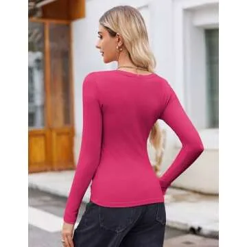 Zeagoo Dress Shirt for Women Basic Skims Long Sleeve Top Stretchy Slim Fit Rib Knit Scoop Neck Tshirt Tee Blouse Hot Pink
