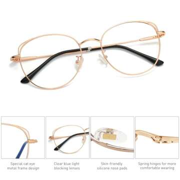 SOJOS Cat Eye Blue Light Blocking Glasses for Woman Hipster Metal Frame Womens Eyeglasses She Young SJ5027, Rose Gold Frame/Anti-Blue Light Lens
