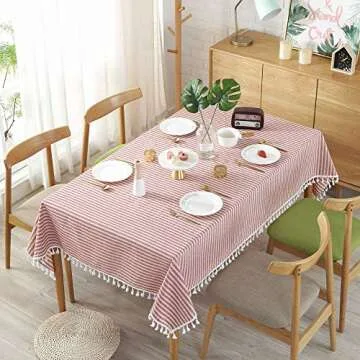 Lahome Stripe Tassel Tablecloth - Cotton Linen Table Cover Kitchen Dining Room Restaurant Party Decoration (Rectangle - 55" x 102", Red)