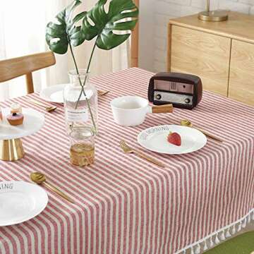 Lahome Stripe Tassel Tablecloth - Cotton Linen Table Cover Kitchen Dining Room Restaurant Party Decoration (Rectangle - 55" x 102", Red)