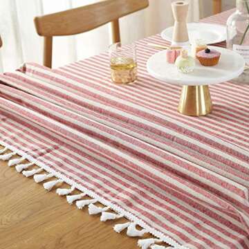 Lahome Stripe Tassel Tablecloth - Cotton Linen Table Cover Kitchen Dining Room Restaurant Party Decoration (Rectangle - 55" x 102", Red)