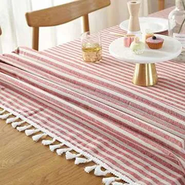 Lahome Stripe Tassel Tablecloth - Cotton Linen Table Cover Kitchen Dining Room Restaurant Party Decoration (Rectangle - 55" x 102", Red)