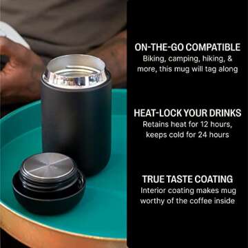 Fellow Carter Coffee Mug 16 oz For Travel - Wide Mouth Vacuum-Insulated Stainless Steel Tea and Coffee Tumbler with Ceramic Interior - Matte Black