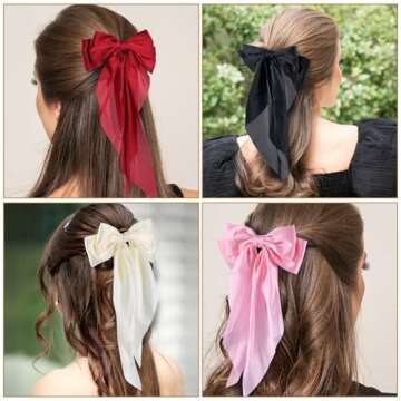 4 PCS Cute Hair Bows for Women Long Tail Ribbon Tassel Bowknot Clips Silky Satin Barrettes Accessories Ponytail Holder for Holidays Birthday Wedding