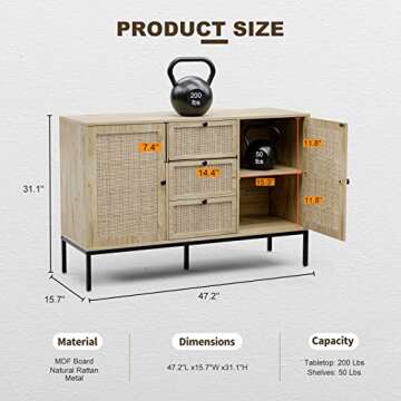 IKIFLY Rattan Sideboard Buffet Cabinet, Boho Rattan Storage Cabinet with 3 Drawers and 2 Doors, Accent Console Table Cabinet for Living Room, Kitchen, Dining Room, Entryway - Natural