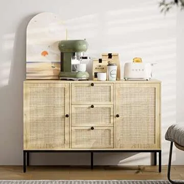 IKIFLY Rattan Sideboard Buffet Cabinet, Boho Rattan Storage Cabinet with 3 Drawers and 2 Doors, Accent Console Table Cabinet for Living Room, Kitchen, Dining Room, Entryway - Natural