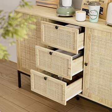 IKIFLY Rattan Sideboard Buffet Cabinet, Boho Rattan Storage Cabinet with 3 Drawers and 2 Doors, Accent Console Table Cabinet for Living Room, Kitchen, Dining Room, Entryway - Natural