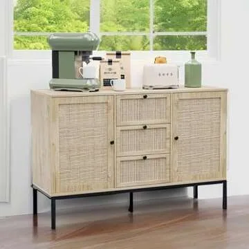 IKIFLY Rattan Sideboard Buffet Cabinet, Boho Rattan Storage Cabinet with 3 Drawers and 2 Doors, Accent Console Table Cabinet for Living Room, Kitchen, Dining Room, Entryway - Natural