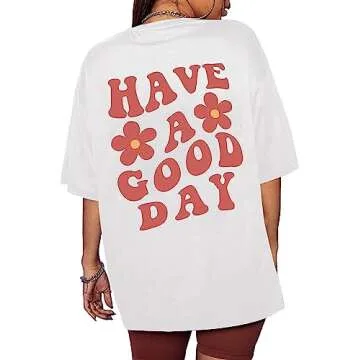 Meladyan Women’s Oversize Graphic Printed T-Shirts Short Sleeve Drop Shoulder Round Neck Loose Tee Shirt Tops White