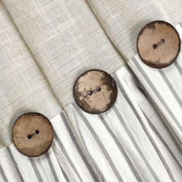 DOSLY IDÉES Farmhouse Shower Curtain,Beige and Gray Stripe,Button Curtain,Linen and Cotton Woven Fabric,Rustic Charm Country Chic Style,72x72 in