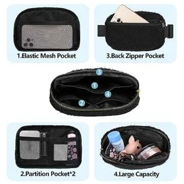 VOROLO Fleece Fanny Pack with Adjustable Strap for Women and Men Gift Fanny Belt Bag, Waist Pack for Workout Running Traveling Hiking Sport Fleece Black