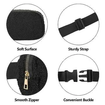 VOROLO Fleece Fanny Pack with Adjustable Strap for Women and Men Gift Fanny Belt Bag, Waist Pack for Workout Running Traveling Hiking Sport Fleece Black