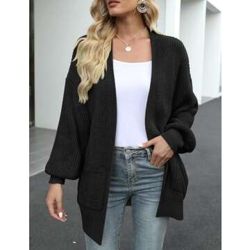 MEROKEETY Women's Fall Open Front Long Lantern Sleeve Cardigan Oversized Chunky Outwear with Pocket Black