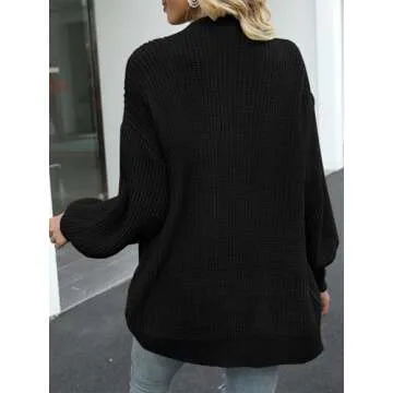 MEROKEETY Women's Fall Open Front Long Lantern Sleeve Cardigan Oversized Chunky Outwear with Pocket Black