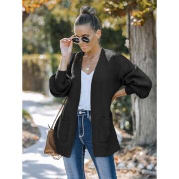 MEROKEETY Women's Fall Open Front Long Lantern Sleeve Cardigan Oversized Chunky Outwear with Pocket Black