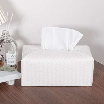 Tissue Box Cover PU Leather Tissue Holder Square Facial Tissue Case Facial Paper Organizer Dispenser for Bathroom, Vanity Countertop, Tabletop, Car, Rectangle, White