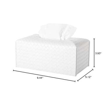 Tissue Box Cover PU Leather Tissue Holder Square Facial Tissue Case Facial Paper Organizer Dispenser for Bathroom, Vanity Countertop, Tabletop, Car, Rectangle, White
