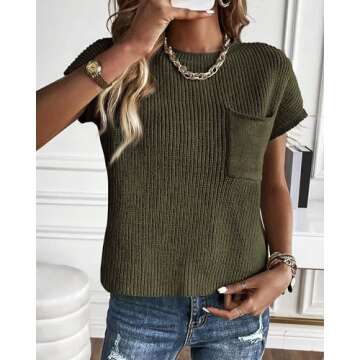 KIRUNDO Womens Spring Cap Sleeve Tops 2025 Summer Casual Crew Neck Lightweight Sweater Vest Ribbed Knit Pullover(Army Green, Large)