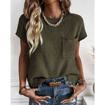 KIRUNDO Womens Spring Cap Sleeve Tops 2025 Summer Casual Crew Neck Lightweight Sweater Vest Ribbed Knit Pullover(Army Green, Large)