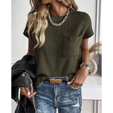 KIRUNDO Womens Spring Cap Sleeve Tops 2025 Summer Casual Crew Neck Lightweight Sweater Vest Ribbed Knit Pullover(Army Green, Large)
