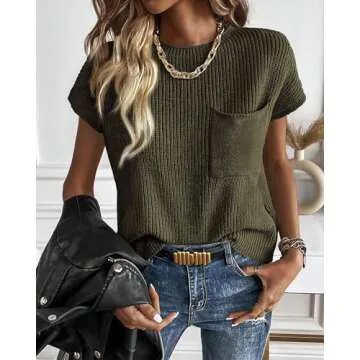 KIRUNDO Womens Spring Cap Sleeve Tops 2025 Summer Casual Crew Neck Lightweight Sweater Vest Ribbed Knit Pullover(Army Green, Large)