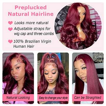 250% Density 99J Burgundy Lace Front Wigs Human Hair With Baby Hair Pre Plucked 13x4 Body Wave 99j HD Transparent Lace Frontal Human Hair Wigs for Women 99J Glueless Lace Front Wigs Human Hair 20Inch