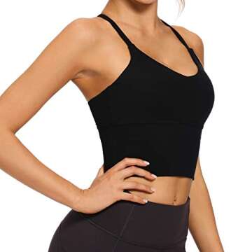 VIBOJOY Longline Strappy Padded Sports Bras Workout Running Tank Crop Tops Yoga Gym Fitness Activewear for Women Black