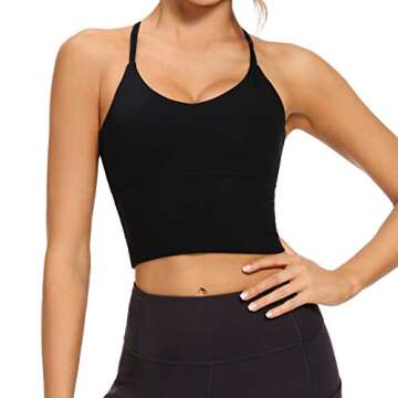 VIBOJOY Longline Strappy Padded Sports Bras Workout Running Tank Crop Tops Yoga Gym Fitness Activewear for Women Black