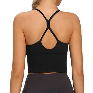 VIBOJOY Longline Strappy Padded Sports Bras Workout Running Tank Crop Tops Yoga Gym Fitness Activewear for Women Black
