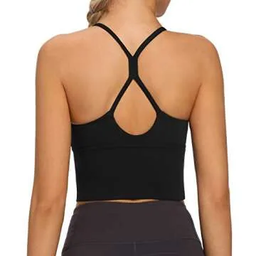 VIBOJOY Longline Strappy Padded Sports Bras Workout Running Tank Crop Tops Yoga Gym Fitness Activewear for Women Black