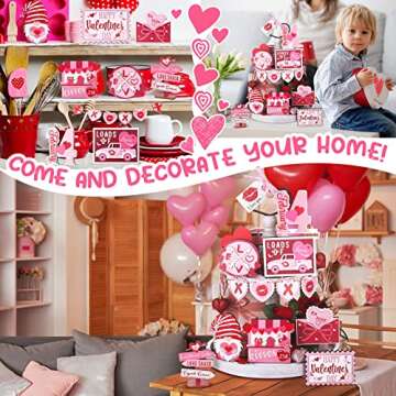Ferraycle 16 Pcs Valentine's Day Tiered Tray Decorations Farmhouse Gnome Heart Wooden Table Sign with String Rustic Tiered Tray Decorations