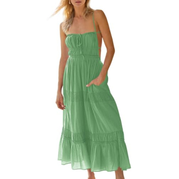 Wenrine Womens Summer Beach Dresses Backless Spaghetti Straps Self Tie Tiered Flowy Casual Maxi Dres...