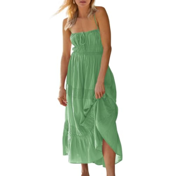 Wenrine Womens Summer Beach Dresses Backless Spaghetti Straps Self Tie Tiered Flowy Casual Maxi Dress with Pockets Green