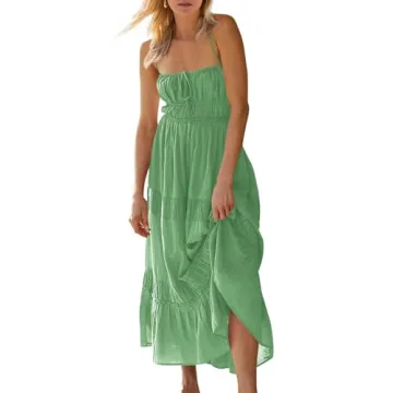 Wenrine Womens Summer Beach Dresses Backless Spaghetti Straps Self Tie Tiered Flowy Casual Maxi Dress with Pockets Green