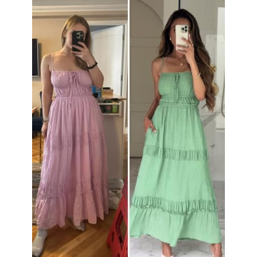 Wenrine Womens Summer Beach Dresses Backless Spaghetti Straps Self Tie Tiered Flowy Casual Maxi Dress with Pockets Green