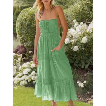 Wenrine Womens Summer Beach Dresses Backless Spaghetti Straps Self Tie Tiered Flowy Casual Maxi Dress with Pockets Green