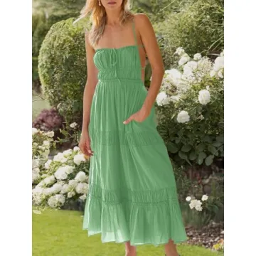 Wenrine Womens Summer Beach Dresses Backless Spaghetti Straps Self Tie Tiered Flowy Casual Maxi Dress with Pockets Green