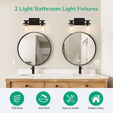 EDISHINE Bathroom Light Fixtures, 2-Light Bathroom Vanity Light with Clear Glass Shades, Matte Black Vanity Lights, Vintage Wall Sconces for Bedroom Living Room Hallway, E26 Base (Bulbs Not Included)